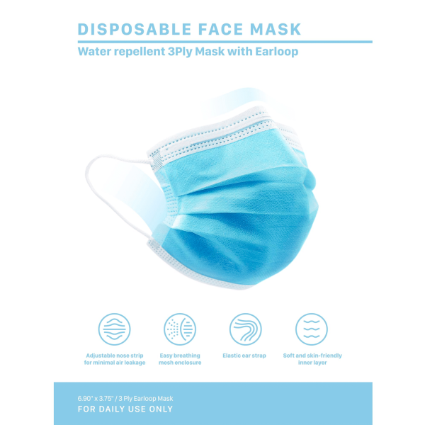 Ma Croix 3 Ply Disposable Face Masks for Summer, Blue Mask with Earloop in Box - Görsel 2